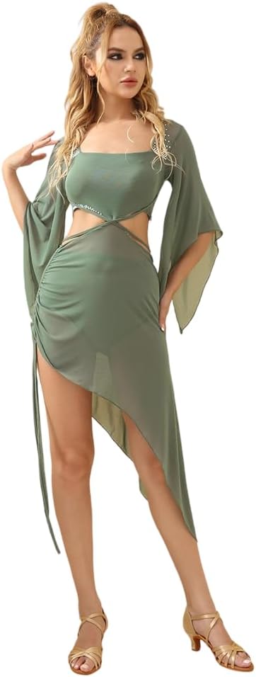 Elastic Mesh Latin Dance Dress with Square Neck and Waist Cutout - Party Dress Performances