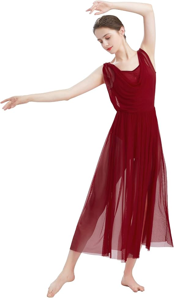 Women Lyrical Modern Contemporary Dance Costume Leotard V-Neck Backless Split Tulle Skirt Flowy Overlay Dress