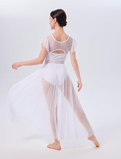 Lyrical Dance Costume for Women Mesh Ruffle Cutout Lyrical Dress Flowy Tulle Skirt Contemporary Dance Costumes XS-XL