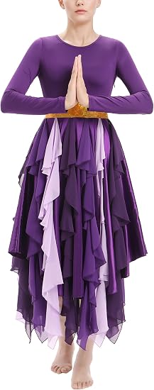 Metallic Praise Dance Dress for Women Asymmetrical Ruffle Overlay Liturgical Lyrical Worship Costume