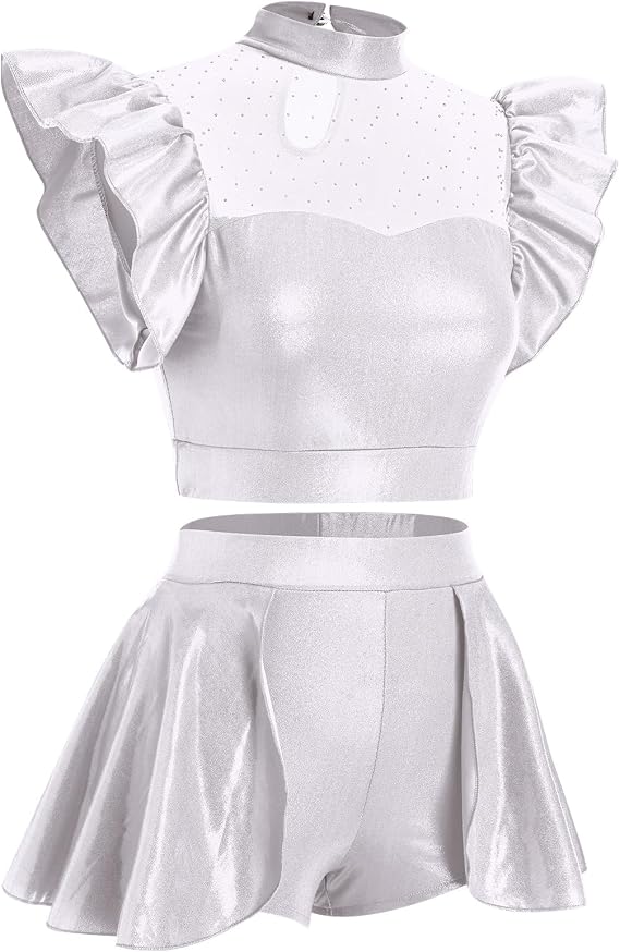 Women Metallic Dance Dress Ruffle Sleeve Crop Top Mini Dance Short Half Skirt Adult Lyrical Costume