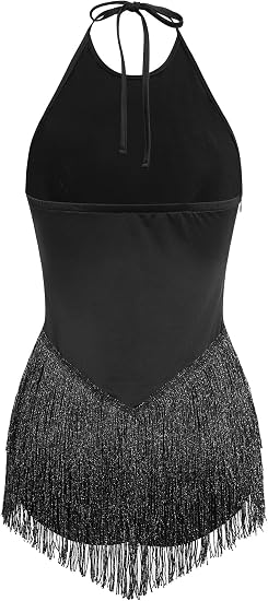 Women Sparkly Tassel Fringe Bodysuit, Latin Dance Costume, Rhinestones Romper for Salsa Jazz Ballroom Disco Party