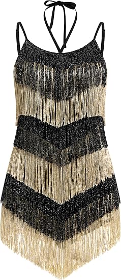 Color Block Latin Jazz Dance Dress for Women Sparkly Tassel Fringe Flapper Dresses 1920s Gatsby Party Ballroom Dance Costume