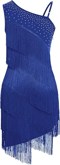 Women One Shoulder Fringe Latin Dance Dress Rhinestone Jazz Salsa Tassel Rave Costume Flapper Ballroom Dance Outfits