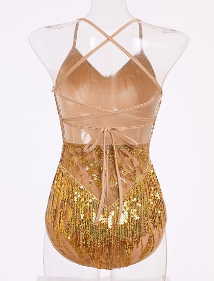 Fringe Sequin Bodysuit Women Sparkly Tassel Latin Jazz Salsa Dance Costume Acrobat Leotard