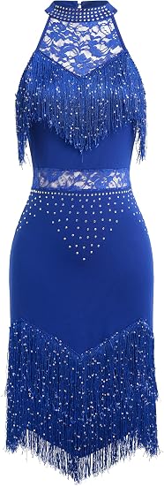 Sparkle Rhinestones Latin Dance Dress for Women Halter Tassel Sequin Fringe Flapper Dress 1920s Lace Ballroom Dance Costume