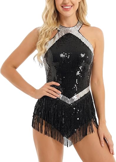 Women Halter Sequin Fringe Bodysuit Ballroom Latin Dance Dress