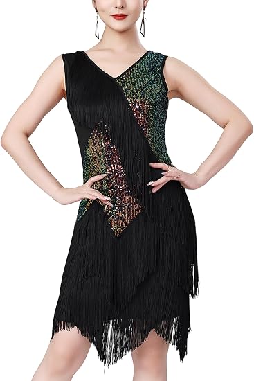 Women Sexy Fringe Latin Dance Dress Sequins Flapper Tassel Jazz Costume Sleeveless V-Neck Dancing Party Outfit