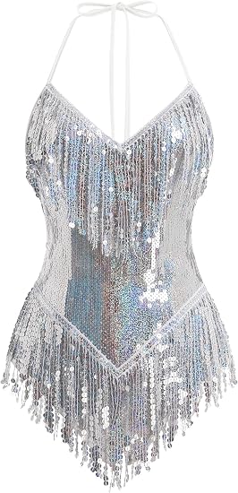 Sexy Sequins Fringe Bodysuit Halter Lace Up Back Jazz Latin Dance Tassel Leotard Acrobat Costume Rave Concert Outfits