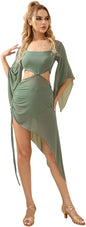 Elastic Mesh Latin Dance Dress with Square Neck and Waist Cutout Party Dress Performances