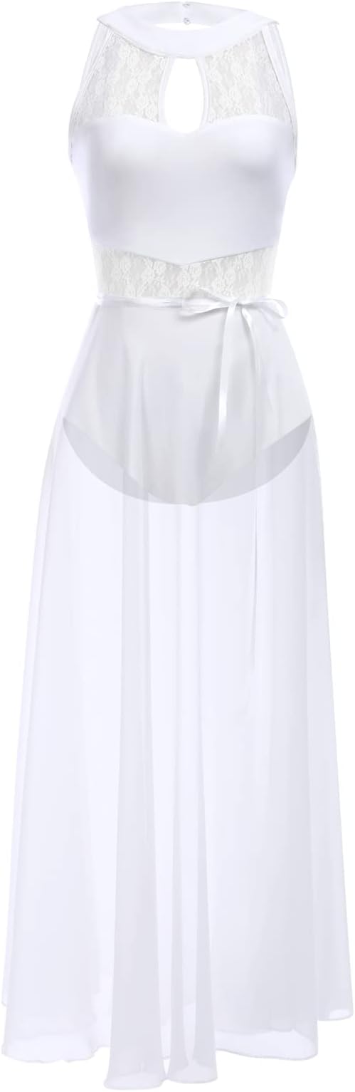 Lyrical Dance Costume for Women Lace Sleeveless Leotard Sheer Flowy Long Wrap Skirt 2pcs Outfit