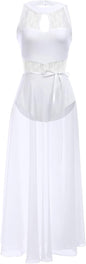 Lyrical Dance Costume for Women Lace Sleeveless Leotard Sheer Flowy Long Wrap Skirt 2pcs Outfit