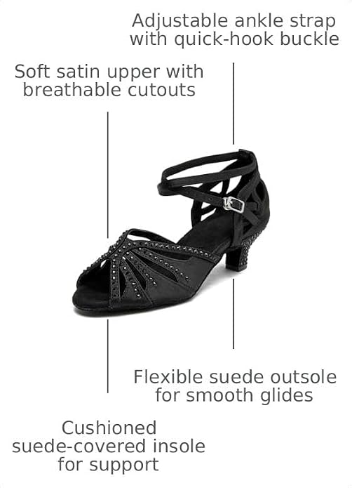 Women’s Ballroom Latin Salsa Dance Shoes, 2-Inch Low Heel, Comfortable with Rhinestones, Suede Sole, Lightweight, for Beginners, Practice, Social & Party