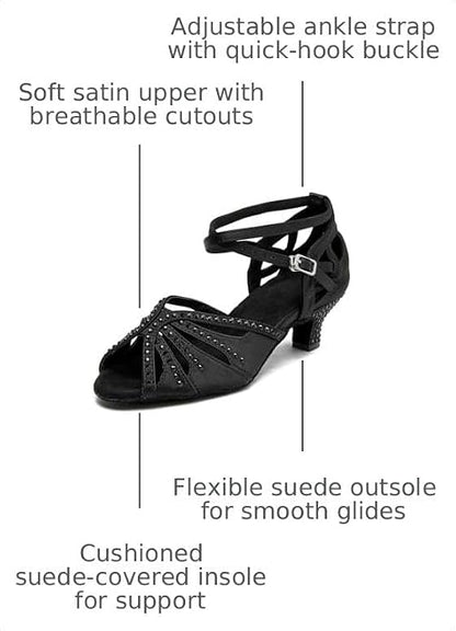 Women’s Ballroom Latin Salsa Dance Shoes, 2-Inch Low Heel, Comfortable with Rhinestones, Suede Sole, Lightweight, for Beginners, Practice, Social & Party