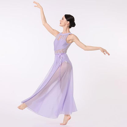 Lyrical Dance Costume for Women Lace Sleeveless Leotard Sheer Flowy Long Wrap Skirt 2pcs Outfit