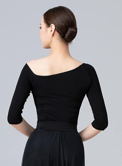 Women's Dance Tops for Women Sexy Oblique Shoulder 1/2 Sleeve Ballroom Latin Yoga Crop Tops Shirt