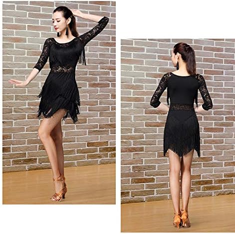 Women's Fringed Ballroom Costume Lace Round Neck 1/2 Sleeve Tango Salsa Latin Dance Dress with Shorts