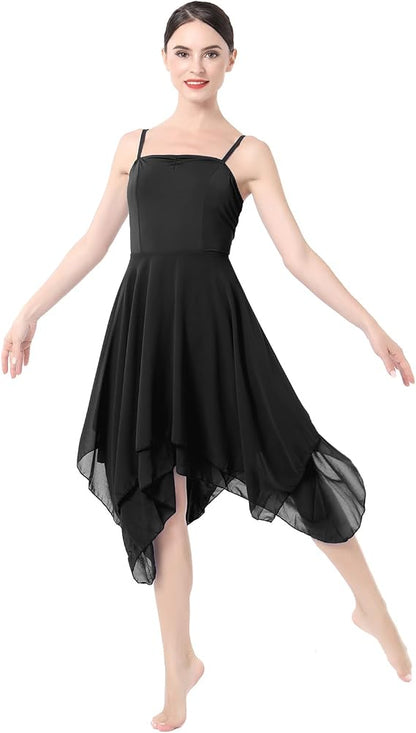 Women Lyrical Dance Costume Modern Contemporary Ballet Dancewear Spaghetti Strap Chiffon Flowy Dress