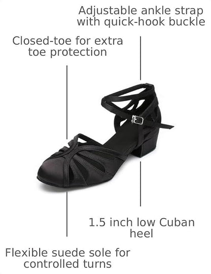 Ballroom Closed Toe Dance Shoes, Comfortable Low 1.5-Inch Cuban Heel, Latin Salsa Swing Waltz Practice Dance Heels