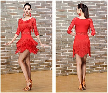 Women's Fringed Ballroom Costume Lace Round Neck 1/2 Sleeve Tango Salsa Latin Dance Dress with Shorts