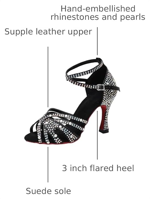 Women's Rhinestone Latin Dance Shoes - Comfortable Satin Salsa Bachata Heels for Wedding Party Performance & Practice (3'' Heel)