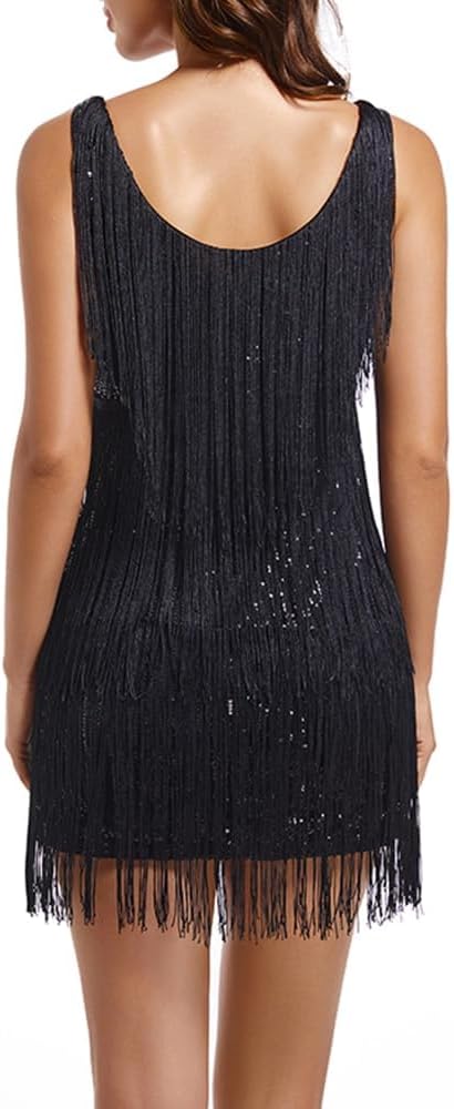 Women's Gatsby 20S Flapper Roarin Cocktail Vintage Tassel Mini Dress, Wedding Fringe Party Club Mini Glitter Dress