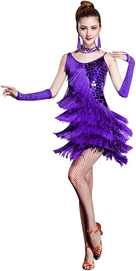 Women's Salsa Latin Dance Dress Glitter Sequin Fringe Flapper Party Ballroom Outfit
