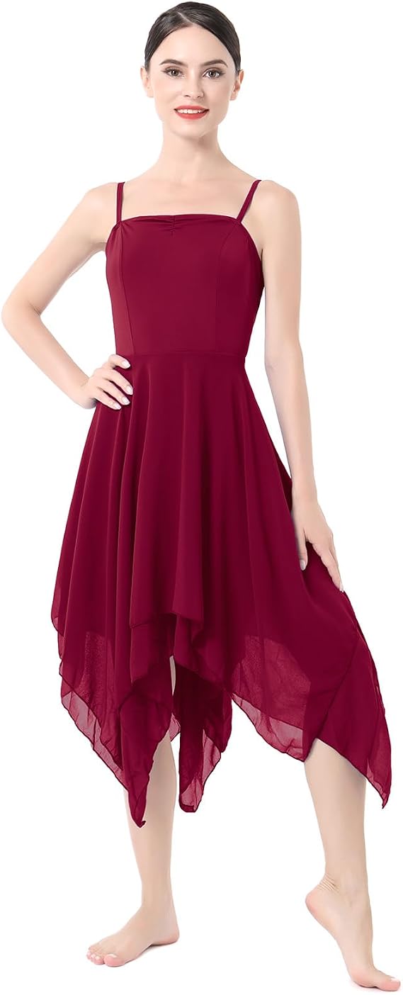 Women Lyrical Dance Costume Modern Contemporary Ballet Dancewear Spaghetti Strap Chiffon Flowy Dress