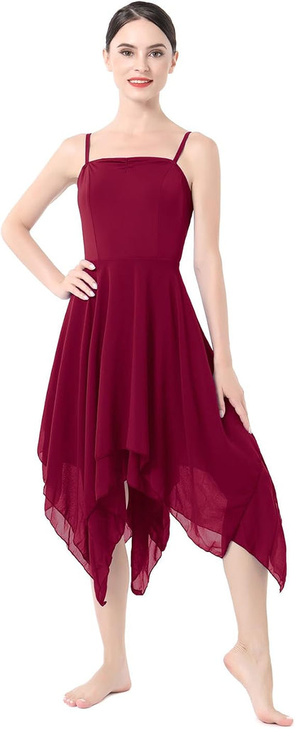 Women Lyrical Dance Costume Modern Contemporary Ballet Dancewear Spaghetti Strap Chiffon Flowy Dress