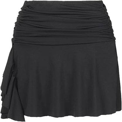 Black Ruffle Skirt with Shorts Ruched Mini Slit Latin Salsa Skirt Dance Outfits for Women