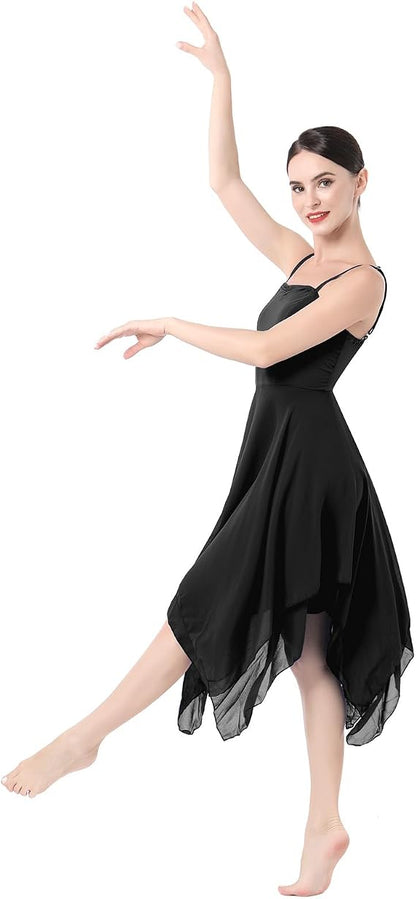 Women Lyrical Dance Costume Modern Contemporary Ballet Dancewear Spaghetti Strap Chiffon Flowy Dress