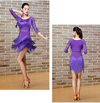 Women's Fringed Ballroom Costume Lace Round Neck 1/2 Sleeve Tango Salsa Latin Dance Dress with Shorts