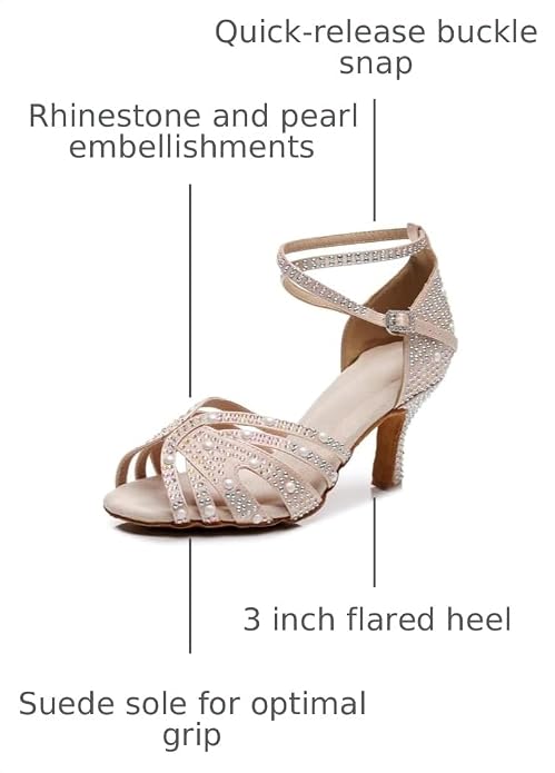 Women's Rhinestone Latin Dance Shoes - Comfortable Satin Salsa Bachata Heels for Wedding Party Performance & Practice (3'' Heel)