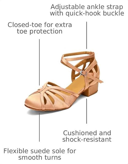Ballroom Closed Toe Dance Shoes, Comfortable Low 1.5-Inch Cuban Heel, Latin Salsa Swing Waltz Practice Dance Heels