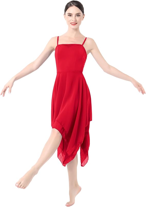 Women Lyrical Dance Costume Modern Contemporary Ballet Dancewear Spaghetti Strap Chiffon Flowy Dress