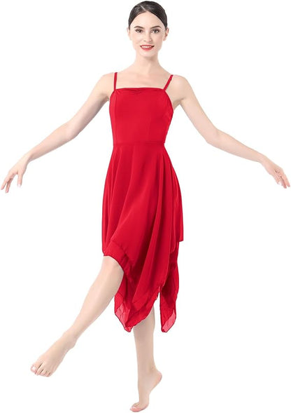 Women Lyrical Dance Costume Modern Contemporary Ballet Dancewear Spaghetti Strap Chiffon Flowy Dress