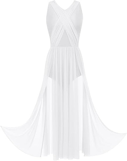 Lyrical Dance Dress for Women Flowy Overlay Draped Sleeveless Criss Cross Dancing Costume