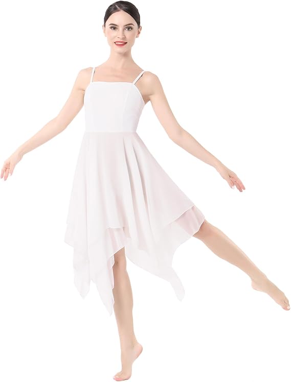 Women Lyrical Dance Costume Modern Contemporary Ballet Dancewear Spaghetti Strap Chiffon Flowy Dress