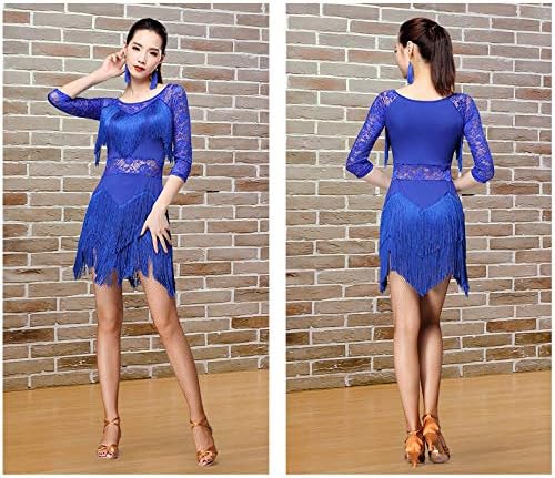 Women's Fringed Ballroom Costume Lace Round Neck 1/2 Sleeve Tango Salsa Latin Dance Dress with Shorts