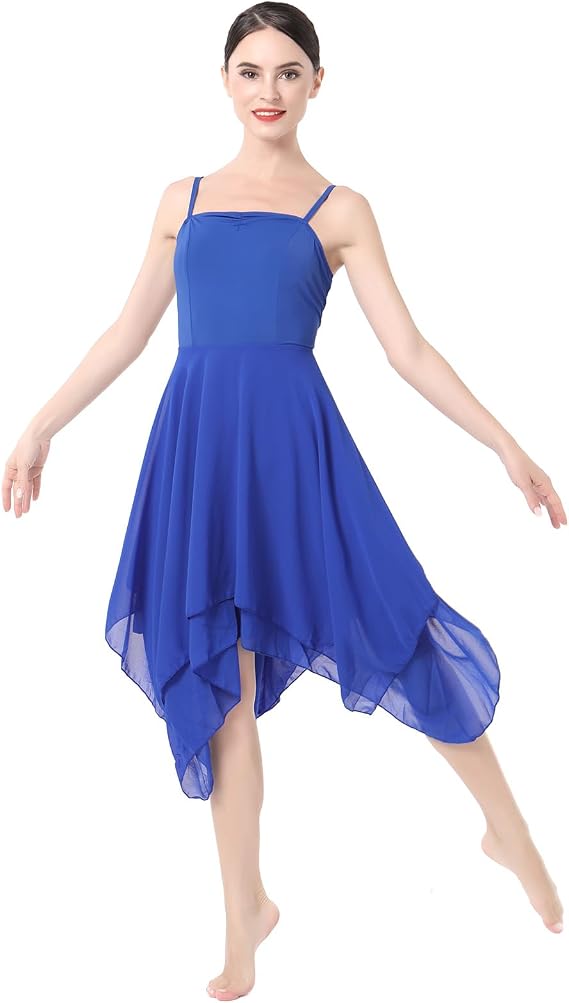 Women Lyrical Dance Costume Modern Contemporary Ballet Dancewear Spaghetti Strap Chiffon Flowy Dress