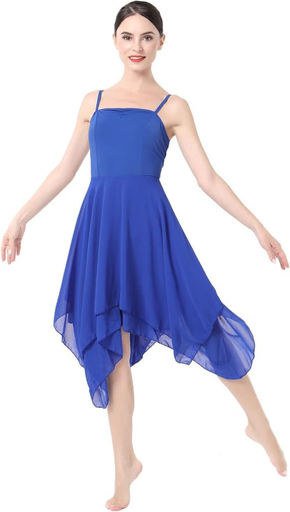 Women Lyrical Dance Costume Modern Contemporary Ballet Dancewear Spaghetti Strap Chiffon Flowy Dress