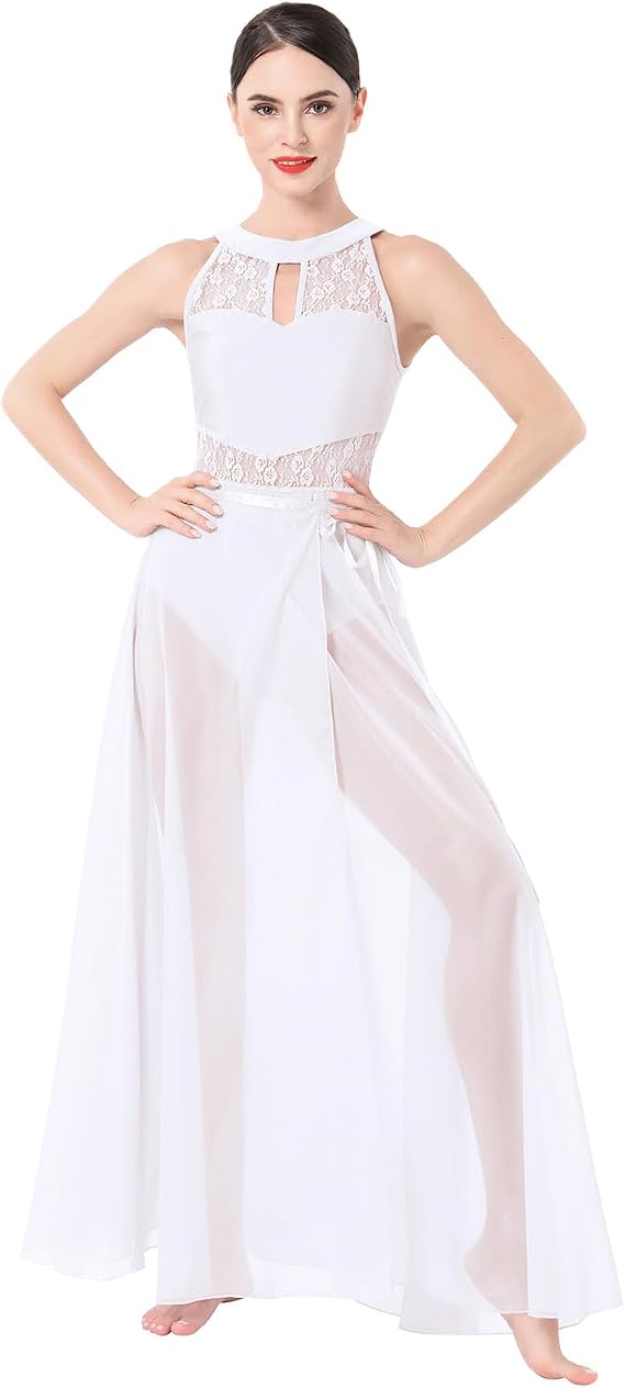 Lyrical Dance Costume for Women Lace Sleeveless Leotard Sheer Flowy Long Wrap Skirt 2pcs Outfit