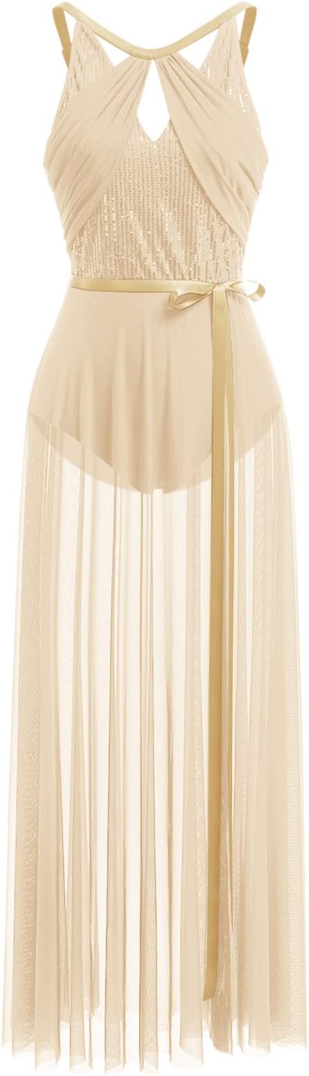 Lyrical Dance Costume for Women Lace Sleeveless Leotard Sheer Flowy Long Wrap Skirt 2pcs Outfit