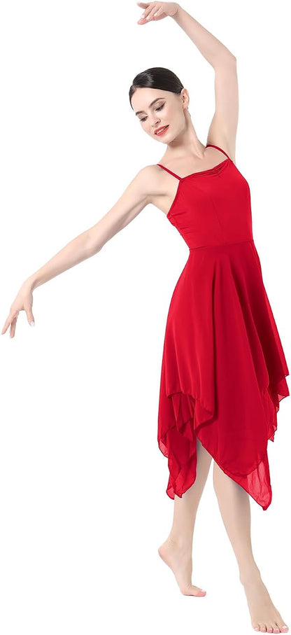 Women Lyrical Dance Costume Modern Contemporary Ballet Dancewear Spaghetti Strap Chiffon Flowy Dress