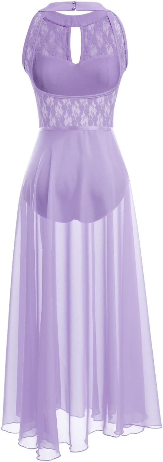 Lyrical Dance Costume for Women Lace Sleeveless Leotard Sheer Flowy Long Wrap Skirt 2pcs Outfit