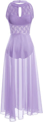 Lyrical Dance Costume for Women Lace Sleeveless Leotard Sheer Flowy Long Wrap Skirt 2pcs Outfit