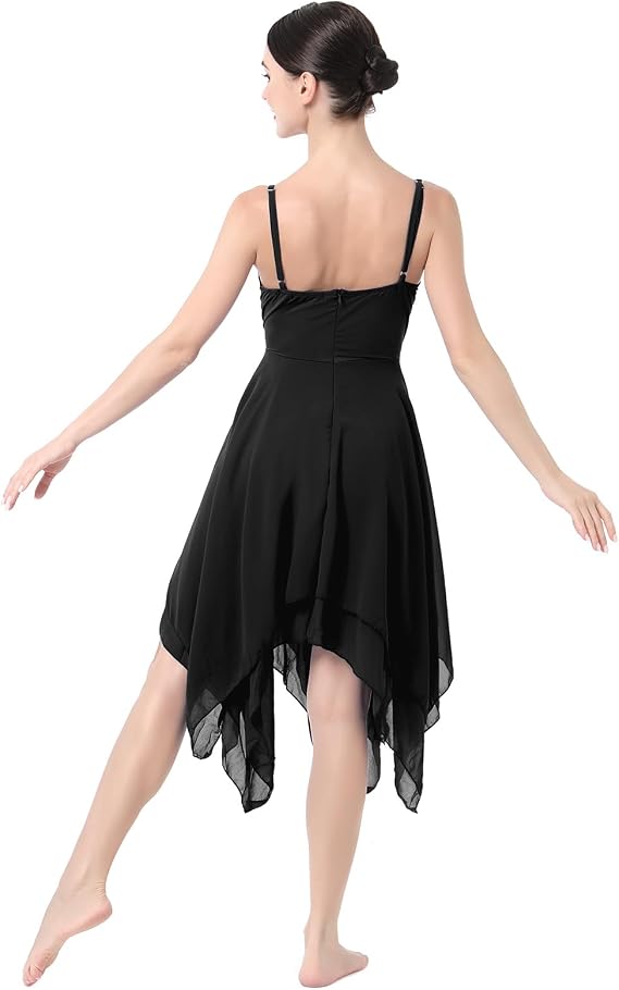 Women Lyrical Dance Costume Modern Contemporary Ballet Dancewear Spaghetti Strap Chiffon Flowy Dress
