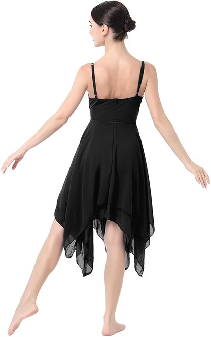 Women Lyrical Dance Costume Modern Contemporary Ballet Dancewear Spaghetti Strap Chiffon Flowy Dress
