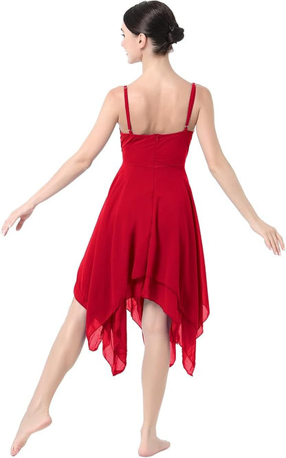 Women Lyrical Dance Costume Modern Contemporary Ballet Dancewear Spaghetti Strap Chiffon Flowy Dress