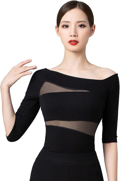 Women's Dance Tops for Women Sexy Oblique Shoulder 1/2 Sleeve Ballroom Latin Yoga Crop Tops Shirt
